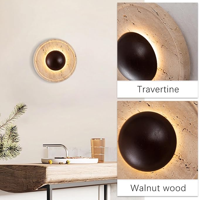 Japanese Style Wabi-Sabi Art Lighting Fixture, Yellow Travertine Wall Light with Wood Shade, Round Natural Stone LED Wall Lamp, Vintage Marble Wall Sconce for Bedroom Living Room(Walnut)