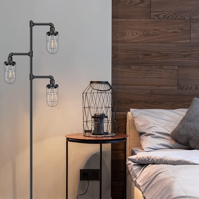 CONCA Steampunk Three Head Industrial Floor Lamp, Rustic Edison Bulb, Cage Shade (Black)