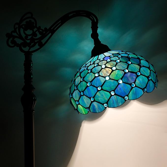 Tiffany Lamp Shade Replacement 12X6 Inch Stained Glass Lampshade Only 1-5/8-Inch Fitter Opening for Arched Floor Lamp, Torchiere Lamp, Pendant Light (Blue)