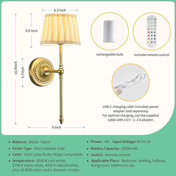 Cordless Wall Sconces Set of 2,10000mAh Battery Operated Wall Sconces Set of Two with RGB LED, Remote, Timer & Dimmable Fabric Gold Wall Lamps for Bedroom, Living Room, Hallway, Night Light (Gold) - Aura Lighting
