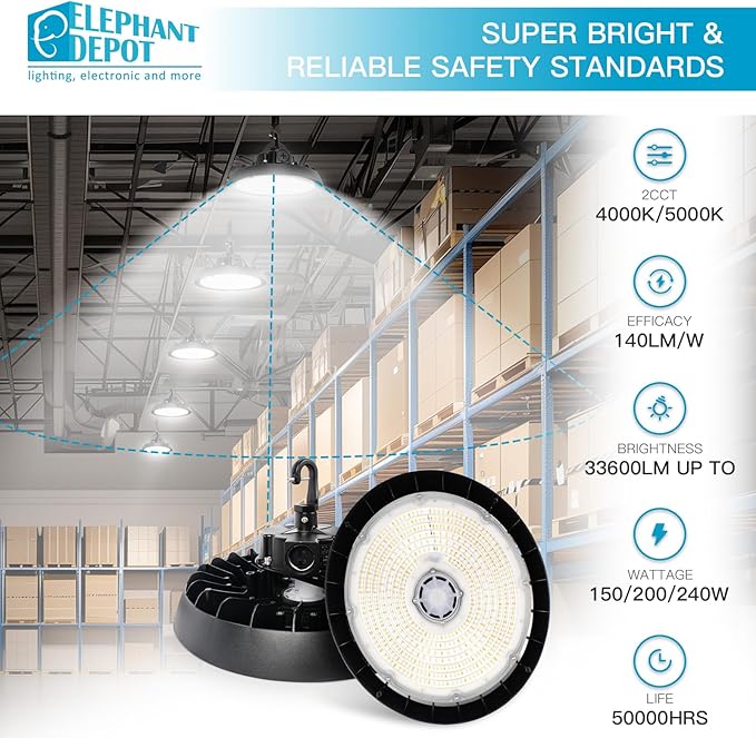 UFO Led High Bay Light with Motion Sensor, 150/200/240W, 21000/28000/33600lm, 2CCT 4000K/5000K, 0-10V Dimmable High Bay Led Shop Lights for Gym Factory Warehouse, Hook,6' Cable, UL&DLC