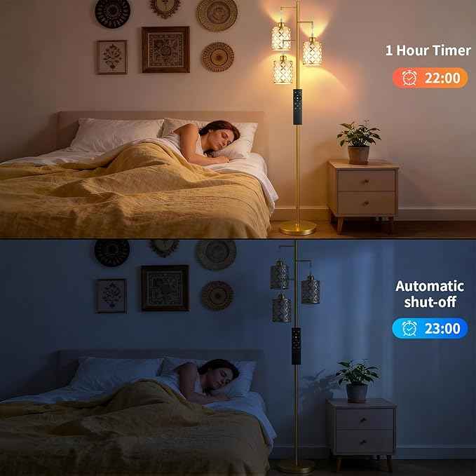New Upgraded 72" Tall Dimmable Floor Lamp with 3 x 1100LM 12W Bright LED Bulbs, Farmhouse Standing Lamp with Remote Control, Industrial Tree Pole Floor Lamps for Living Room, Bedroom, Office - Gold