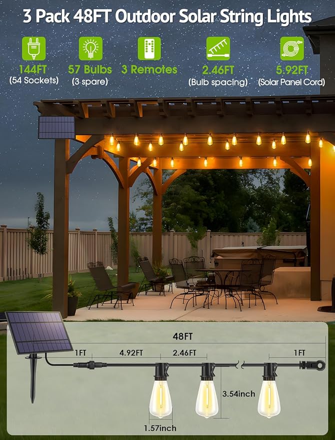 144FT(3x48FT) Solar Outdoor String Lights with Remote & Timer, Waterproof Dimmable Patio Lights with 54+3 ST38 LED Bulbs for Porch Party-Black