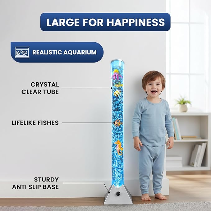Brewish Sensory Bubble Floor Lamp with Bubble Regulator Knob | 7 Color Changing LED Mood Night Light | Artificial Fish Tank for Autism | Fake Aquarium Lamp | Gift for Kids & Adults | Silver - 3 Feet