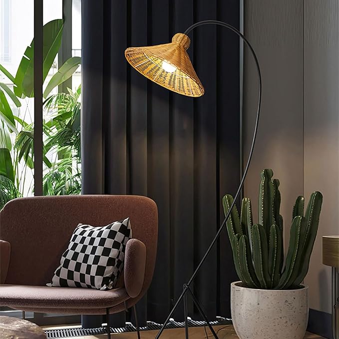 Wabi-Sabi Style Rattan Floor Lamp H72.83in E26 3-Color Dimming Living Room Corridor Standing Lamp Bedroom Study Torchiere Villa Club Decorative Lighting Fixture