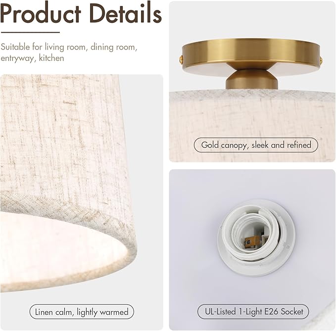 2P Modern Ceiling Light Fixture, 10 Inch Semi Flush Mount Lamp with Linen Shade, E26 Base, Gold for Kitchen Bedroom Hallway Closet Entryway Room Small Spaces, 2 Pack - Aura Lighting