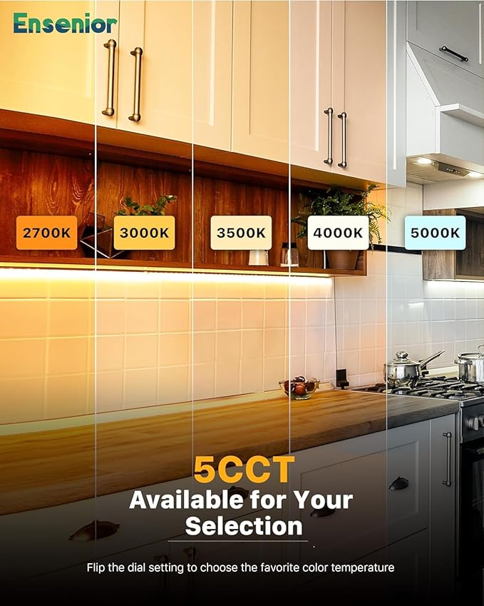 Ensenior 12 Inch Hand Wave LED Under Cabinet Lighting Plug in or Hardwired with Dimmable 5CCT CRI 90+ 2.4G Wireless Sync, Under Counter Lights with for Kitchen, 120V, 8W 500LM