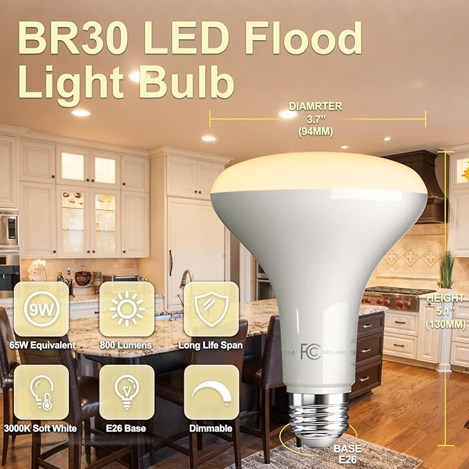 VOLIVO LED Flood Light Bulb 12 Pack, Recessed Ceiling Bulb, BR30, 65W Equivalent Efficient 9W, Dimmable, E26 Base, Warm White 3000K, 800 Lumens, 80CRI, Ceiling Light for Kitchen, Living Room
