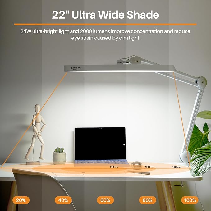 LED Architect Desk Lamp with Clamp, Metal Swing Arm 2000 Lumens Dimming Office Table Lamp for Task Work Drafting Reading Desktop, 117PCS Bright LEDs, 24W Workbench Lamp(White) - Aura Lighting