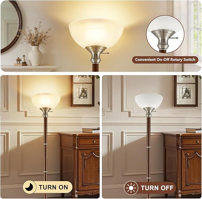 Wood Floor Lamp for Living Room - Walnut Standing Lamp with Glass Shade Torchiere Floor Lamps for Bedroom - Mid Century Modern Corner Tall Lamps for Home Office Nursery Industrial Reading Light