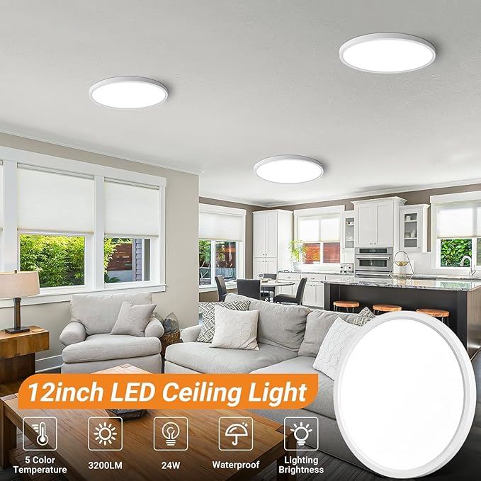 slochi 4Pack LED Flush Mount Ceiling Light Fixture, 12 Inch 24W, 3200LM, Super Slim 0.7 Inch, 3000K-6500K Adjustable Low Profile LED Ceiling Lights for Bedroom, Kitchen, Hallway(White)