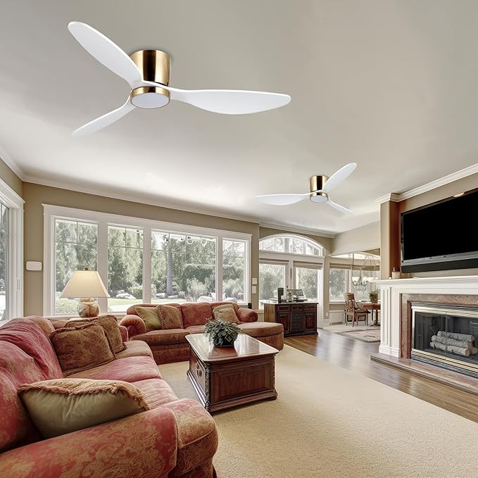 reiga 52 Inch Flush Mount White Ceiling Fan with Light Remote Control, Quiet DC Motor Low Profile 3 Wood Blade Modern Ceiling Fans for Patio Kitchen Living Room Bedroom - Aura Lighting
