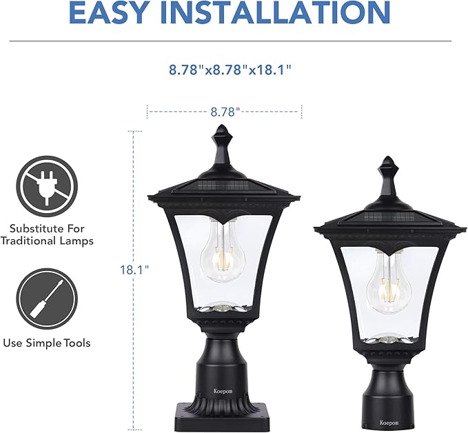 KP4301Q Outdoor Solar Post Lights with Glass lampshade, Heavy Duty Die-Casting Aluminum LED Solar Pillar Light for Gate Column, Driveway, Pathway,Garden, Patio, Matte Black