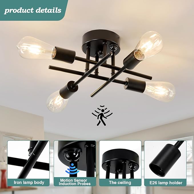 ZGLAOJT Indoor Ceiling Light with Motion Sensor 4 Light Semi Flush Mount Ceiling Light Black Matte with E26 Base Modern Chandelier for Farmhouse Kitchen Dining Room Bedroom Study Living Room.