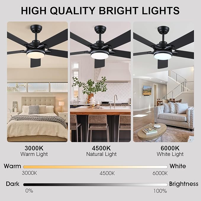 52 Inch Ceiling Fans with Lights and Remote/APP Control, Modern Ceiling Fan with RGB Lights for Bedroom Living Room Patio Porch Outdoor, Reversible Quiet Motor, 5 Wood Blades, Black