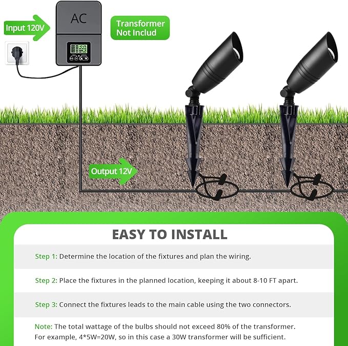 wowlite Low Voltage Spot Lights Outdoor LED 4 Pack, Die-cast Aluminum Landscape Spotlights, Waterproof Black Uplights with MR16 Bulbs Ground Stake for Garden Courtyard Pathway - Aura Lighting