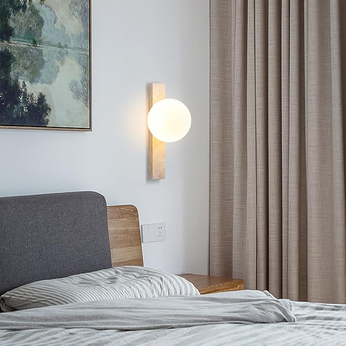 Yellow Travertine Stone Wall Sconce, Natural Marble Wall Lamp with Glass Lampshade, Japanese Style Wabi Sabi Wall Light Fixture for Bedside Bedroom Living Room Hallway Entryway