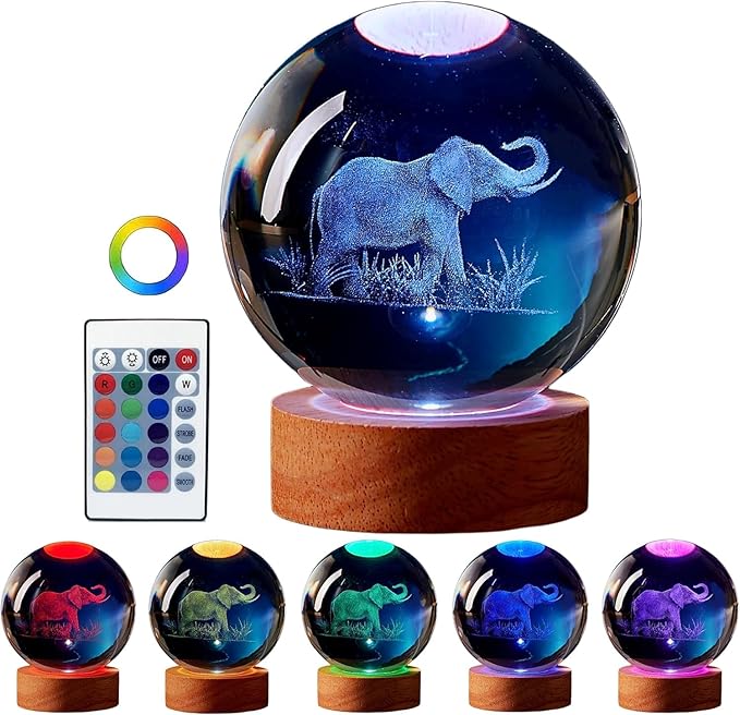 Large 3D Elephant Lamp Crystal Ball Night Light, 16 Color Changing with Remote Control for Bedroom Decor, Ideal Cool Desk Decor Gift for Teens Boys and Girls, Elephant