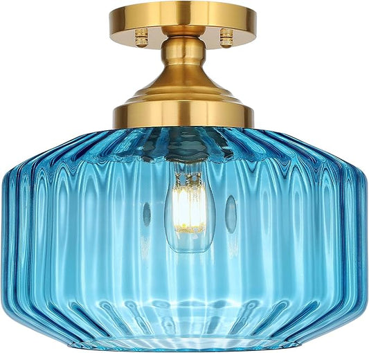 11.8in Semi Flush Mount Ceiling Light Fixture, Vintage Striated Glass Kitchen Lighting Fixtures Ceiling Mount for Entryway Hallway Bedroom Dining Room Bathroom Foyer Laundry (Blue)