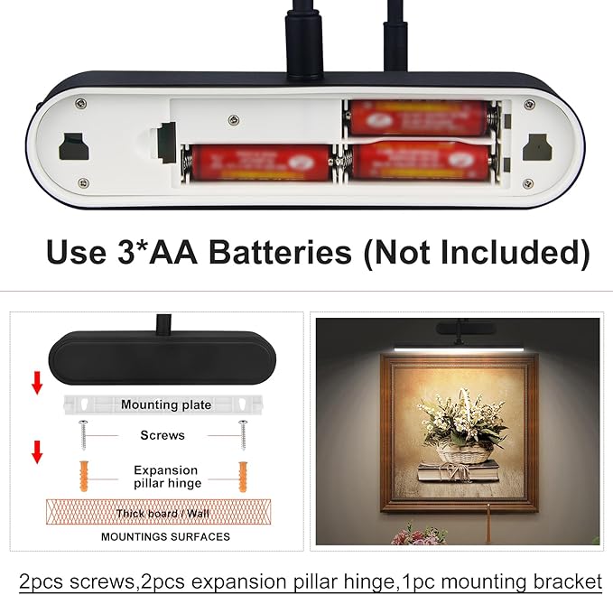 Picture Light,3AA Battery Art Lights for Paintings,Wireless Wall Lighting,Remote Control Accent Light with Timer and Dimmable for Frame,Portrait,Dartboard-Black