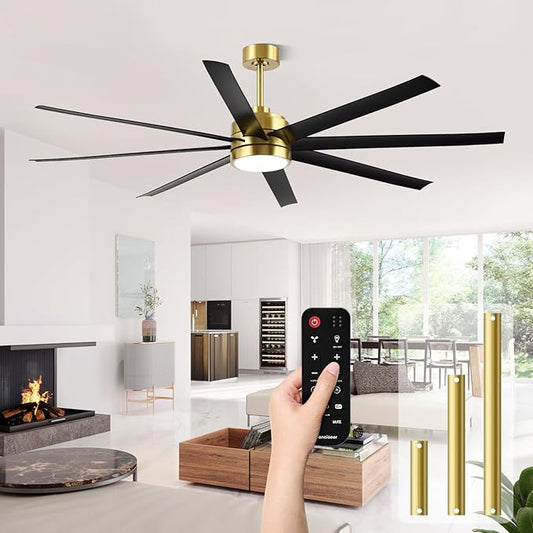 65 Inch Ceiling Fans with Lights and Remote for Bedroom Living Room Kitchen Office, Indoor/Outdoor Use, 3CCT, 8 Blades 6 Speed Reversible Dimmable Quiet DC Motor, Gold/Black