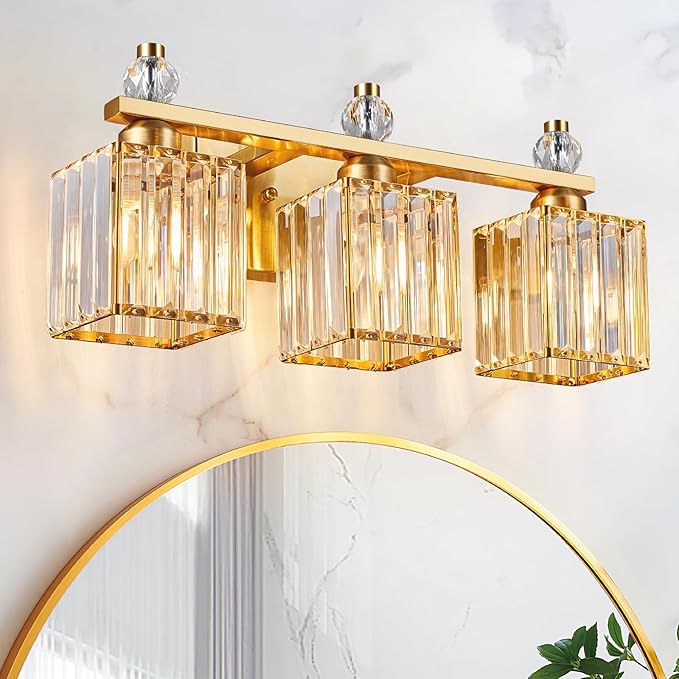 Bathroom Vanity Lights 3-Light Modern Crystal Vanity Light Gold Bathroom Light Fixtures Over Mirror Crystal Bathroom Vanity Lighting Fixtures - Aura Lighting