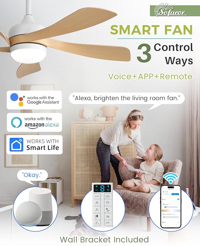 Sofucor 45" Smart Ceiling Fan, Outdoor Modern Ceiling Fans with Lights and Remote, Works with Alexa/Google/App, 3-Color Light 6-Speed Timing Reversible DC Motor for Living Room Bedroom Patio