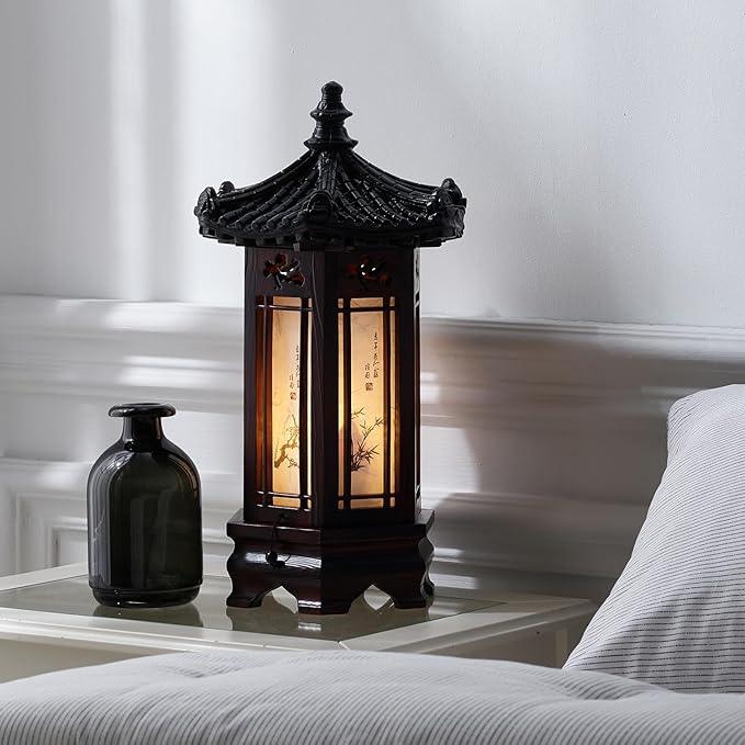 Antique Alive Traditional Korean Wood Lamp | Handmade Asian Oriental Table Lantern | Bedside Bedroom Accent Light | Unique Gift Idea | Hexagonal Design (Brown) (Pavilion L)