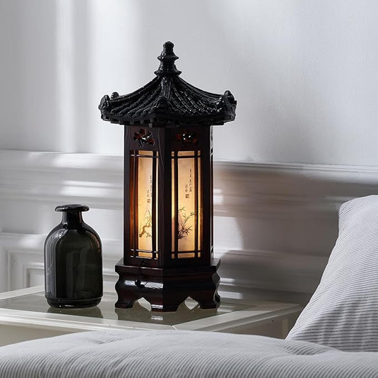 Antique Alive Traditional Korean Wood Lamp | Handmade Asian Oriental Table Lantern | Bedside Bedroom Accent Light | Unique Gift Idea | Hexagonal Design (Brown) (Pavilion L)