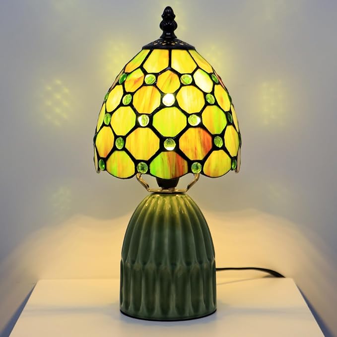 Tiffany Lamp Stained Glass Mushroom Table Lamps 6X6X12.5 Inch Brownish Green Pearl Style Small Night Light Ceramic Base Mini Accent Desk Light Suitable for Bedside Table Bedroom Children Room