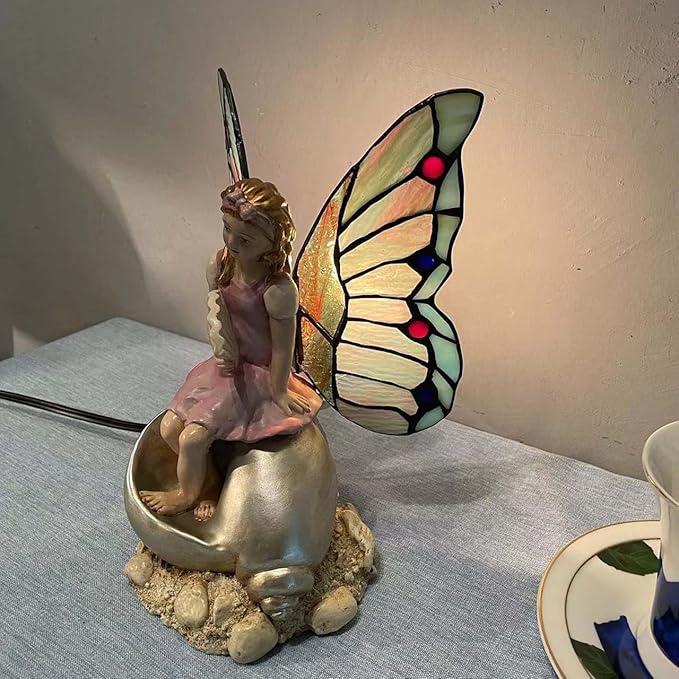 Bieye L10881 Butterfly Girl Sitting on Sea Snail Shell Tiffany Style Stained Glass Accent Table Lamp Night Light for Home Decoration