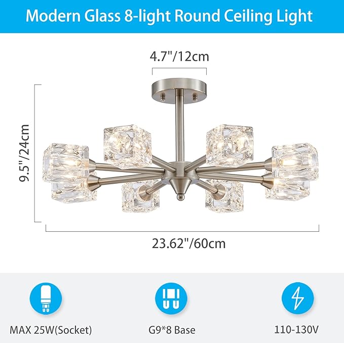 XINGQI 8-Light Semi Flush Mount Ceiling Light Fixture Modern Brushed Nickel Sputnik Chandeliers for Dining Room Living Room Kitchen Bedroom Entryway - Aura Lighting