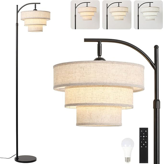 Dimmable Floor Lamp with Remote Control,Arc Fabric Tall Floor Lamp with 3-Color Temperatures Remote & Dimmable 9W Bulb,Standing Lamp with Fabric Shade for Living Room Bedroom Dining Room Hotel
