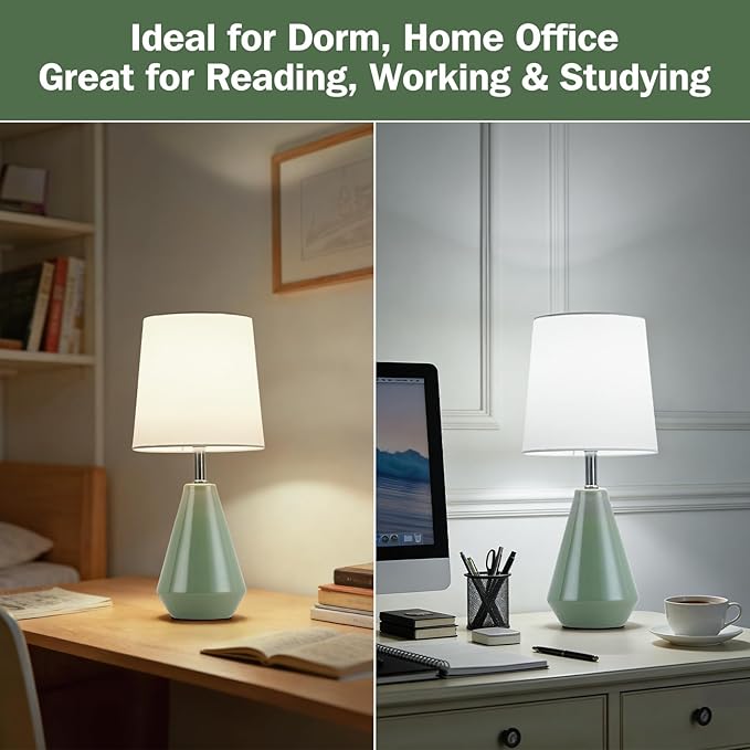 Small Bedside Table Lamp for Bedroom-Reading Desk Lamp Set of 2,with 3 Color Temperatures,15.5" Nightstand Ceramic Lamp with Fabric Shade for Kids Room,Living Room,Dorm,Home Office (Green+White )