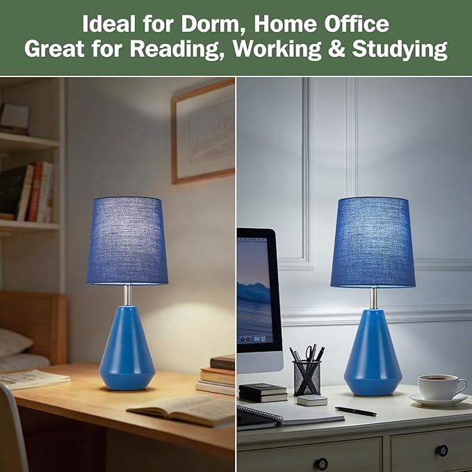 Small Bedside Table Lamp for Bedroom-Reading Desk Lamp Set of 2,with 3 Color Temperatures,15.5" Nightstand Ceramic Lamp with Fabric Shade for Kids Room,Living Room,Dorm,Home Office(Blue)