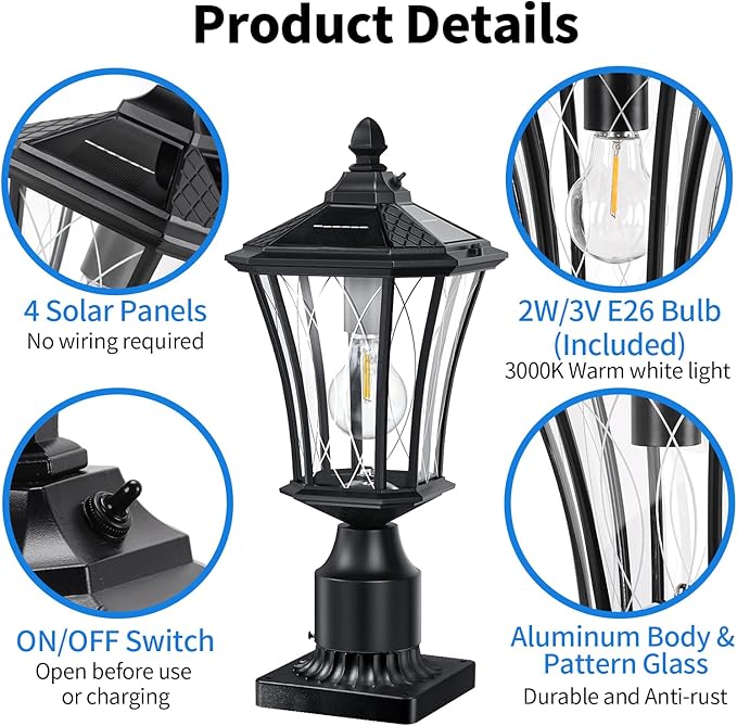 YSN 16" Solar Post Lights Outdoor, Dusk to Dawn Outdoor Post Lights with Pier Mount Base, Black Solar Lamp Posts Light Fixture, Waterproof Light Posts for Outside Yard Garden Patio, 1 Pack