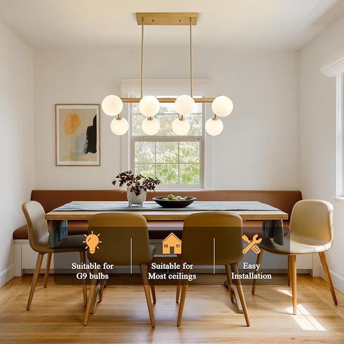 Modern Globe Kitchen Island Lights,Mid Century Bubble Glass Island Light Fixture,8-Light Gold Sputnik Chandeliers,Milk Glass Chandelier for Dining Room,Living Room,Bedroom