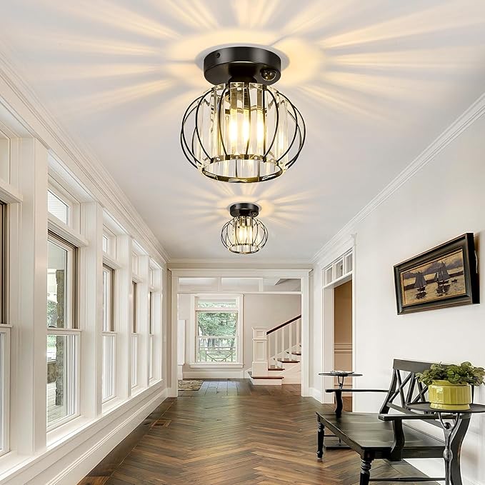 YYJLX Indoor Motion Sensor Ceiling Light Fixture Modern Cryatal Semi Flush Mount Ceiling Light Black Ovrehead Light Fixture for Porch Hallway Front Entryway Kitchen Hall Garage.
