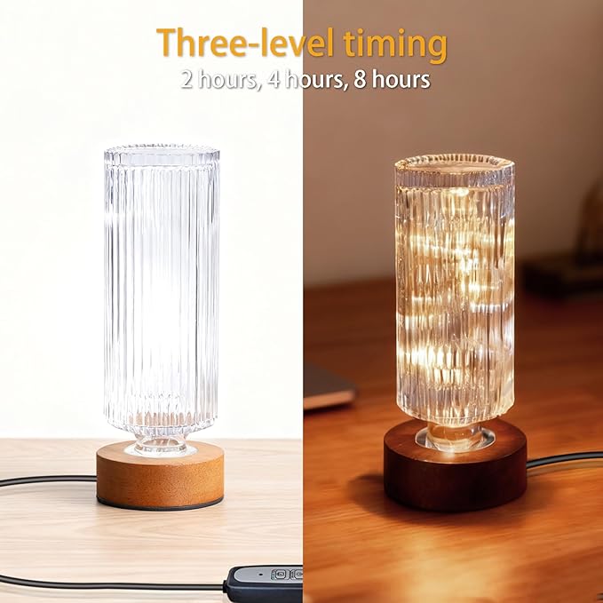 Dimmable Crystal Night Light,Small Bedside Lamp,Nightlight with Timer,Room Decor Desk Lamp,Bedroom,Living Room,Kitchen,Dining Room Lamp (Vertical Striped Pattern)