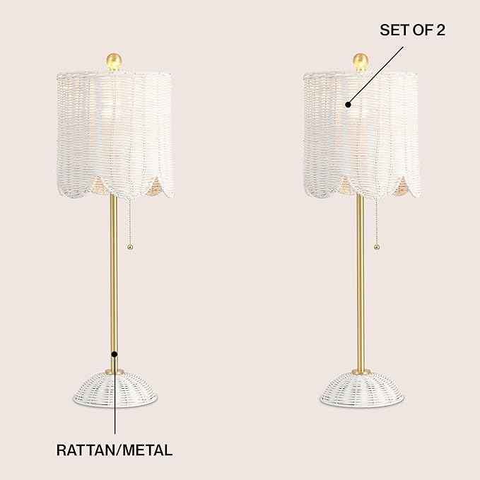 JONATHAN Y 27.5" White/Brass Gold Coastal Buffet Table Lamp Set of 2 for Bedroom, Boho Table Lamps with Natural Rattan Scalloped Shade, Pull Chain, LED Bulbs Included (JYL1138B-SET2)