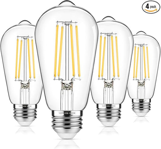 4-Pack Vintage Edison Bulbs 60W Equivalent, 850LM 6W LED Light Bulb Soft White 3000K, ST58 Filament Lighting E26 Base, Non-Dimmable - Aura Lighting