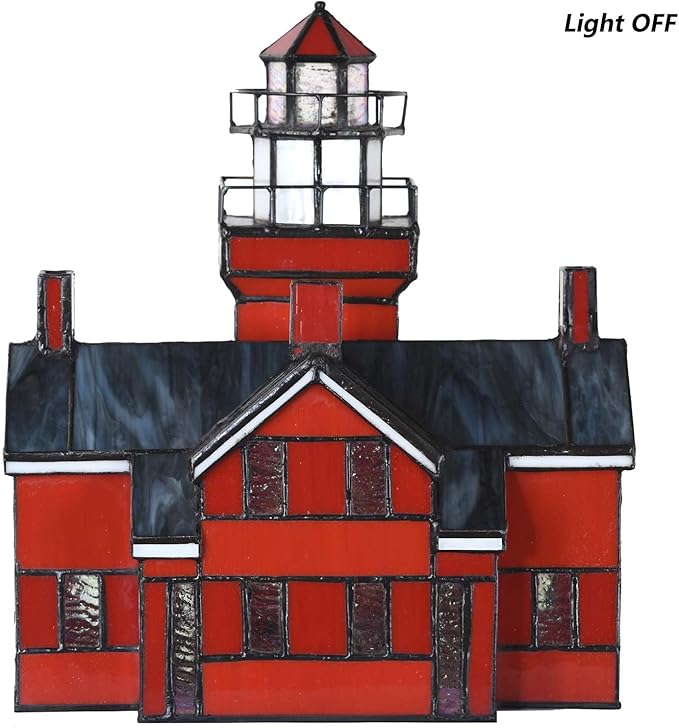 Bieye L10926 Big Bay Point Lighthouse Tiffany Style Stained Glass Accent Table Lamp for Home Decor