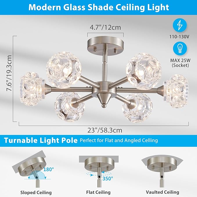 XINGQI Modern Sputnik Chandelier 6-Light Semi Flush Mount Ceiling Light Fixture Brushed Nickel Ceiling Lighting for Bedroom Entryway Dining Room Living Room Kitchen - Aura Lighting