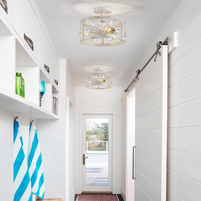 WUZUPS Crystal Leaf Chandelier 3-Light Vintage Farmhouse Industrial Semi-Flush Mount Ceiling Light Lighting Fixture for Foyer Hallway Storage Room Kitchen Bathroom, H 8.5" W 12", Antique White