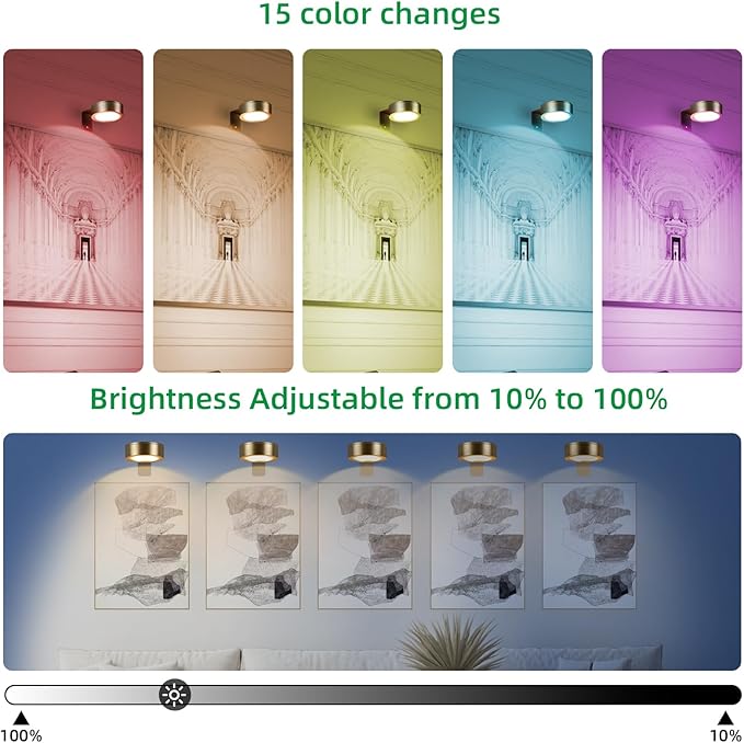 2 Pack Wireless Picture Lights for Wall,Rechargeable Picture Light Battery Operated with Remote,Dimmable Painting Light for Art Display,RGB Battery Wall Lights for Dartboard Photo Frame Gallery.Gold