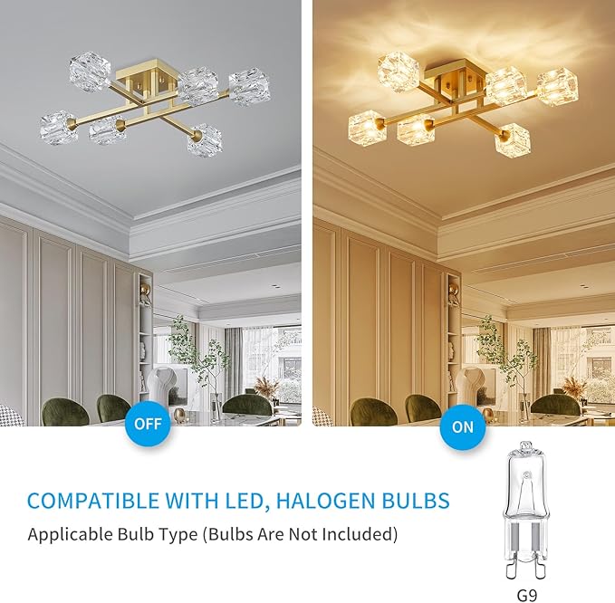 XINGQI Modern Ceiling Light Sputnik 6-Light Semi Flush Mount Ceiling Light Fixtures, Mid Century Antique Gold Chandeliers for Bedroom Dining Room Powder Room - Aura Lighting