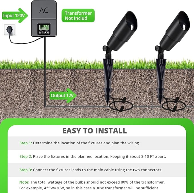 Wowlite 12V Low Voltage Landscape Lighting, Adjustable LED Outdoor Spotlights for House, IP65 Waterproof Matte Black Aluminum Garden Lighting for Trees, Yard, Patio (5W 2700K Warm White Bulb Included) - Aura Lighting