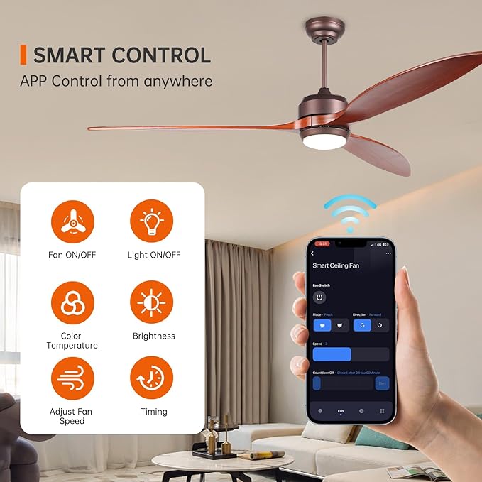 reiga 65 Inch Walnut Wood Ceiling Fan with Lights and Remote Control, Quiet Reverse DC Motor, High Airflow, Timer Function, and Built-in Air Purifier Coconut Carbon Pads for Home - Aura Lighting