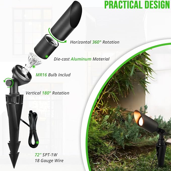 wowlite Landscape Spotlights Outdoor, 12V Low Voltage Landscape Lighting Fixture with 5W MR16 LED Bulb, 2700K Warm White Waterproof Black Aluminum Directional Uplight for Garden Courtyard Pathway - Aura Lighting