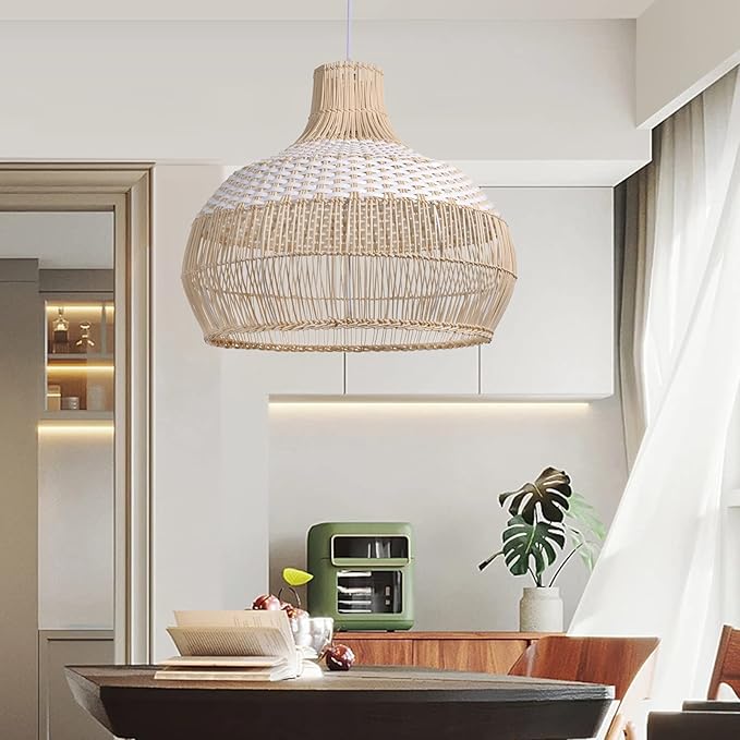Arturesthome 1 Light White Rattan Pendant Light, Wicker Hanging Ceiling Light Chandelier, Handmade Woven Lampshade for Kitchen Island